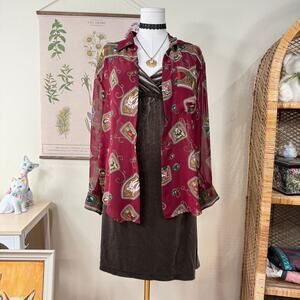 Vtg 90s Renaissance Print Sheer Button Up Shirt Vampire Whimsigoth Gothic M L